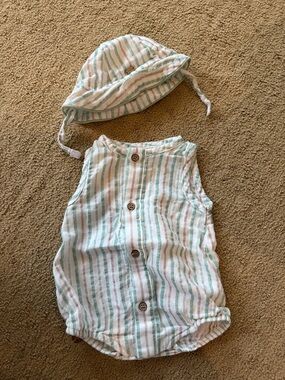 Mayoral White & Light Green Striped Baby Romper with Matching Hat